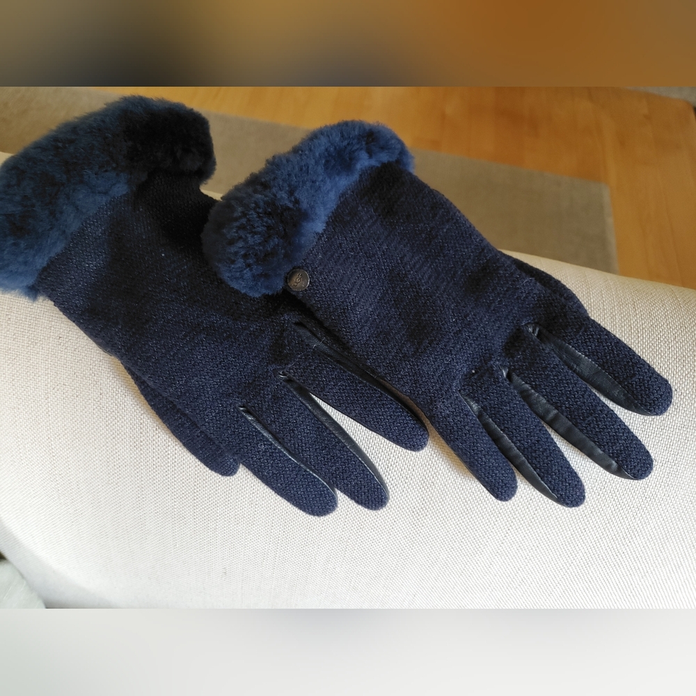 Ugg Navy Knit Front Leather Palm Shearling Trim Gloves Size Medium